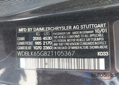 2002 Mercedes-Benz Clk 320 из США, поврежденный, VIN WDBLK65G82T105367